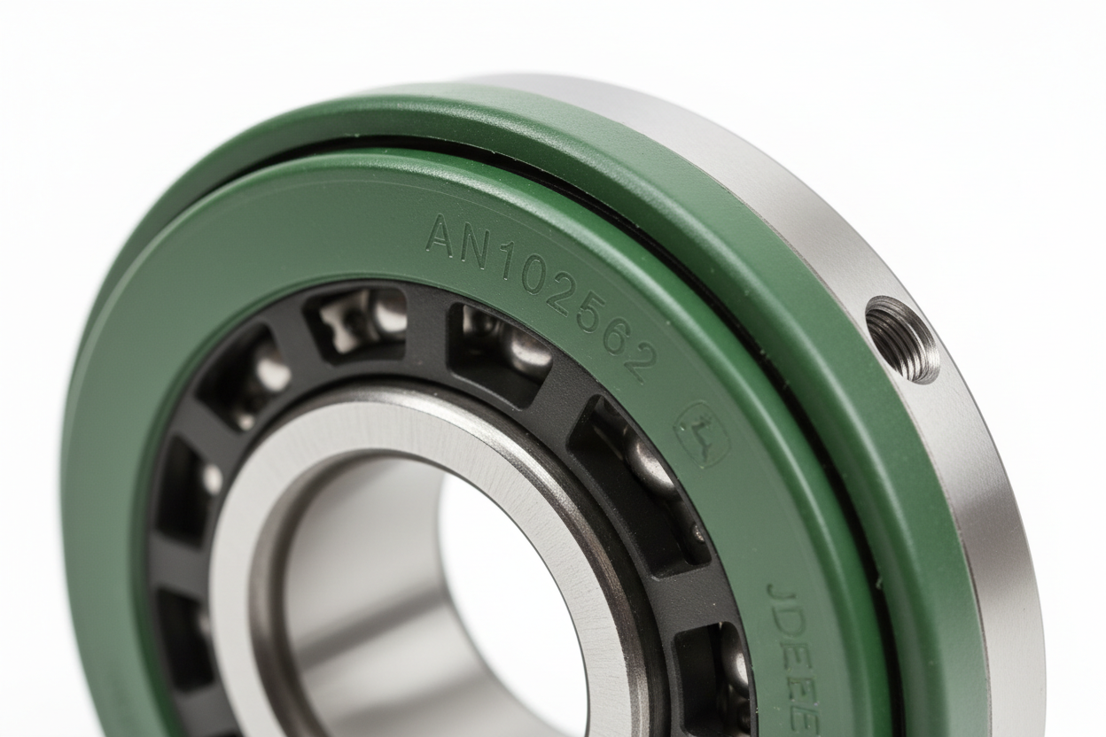 Close-up of AN102562 bearing showing OEM-quality construction and seals for John Deere agricultural equipment