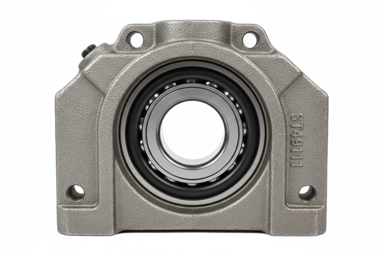 Close-up of ST4911 bearing unit showing cast iron housing construction and bearing assembly for disc harrow applications