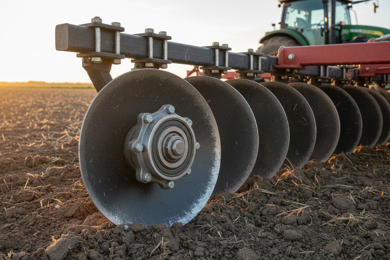 Disc harrow tillage equipment showing W208PPB bearing installation on gang assembly for farm field operations