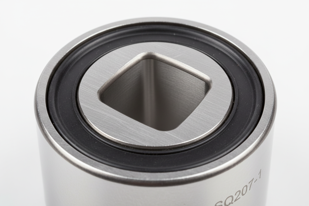 Close-up of SQ207-1 square bore showing four-sided opening for zero-slippage shaft engagement on agricultural equipment